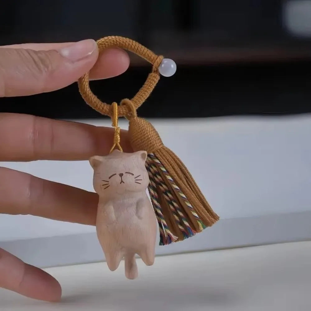 Cute Tassel Handcrafted Wooden Cat Pendant Wooden Material Money Catching Cat Cat Keychain Bags Decoration Bag Pendant