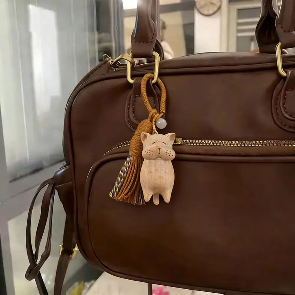Cute Tassel Handcrafted Wooden Cat Pendant Wooden Material Money Catching Cat Cat Keychain Bags Decoration Bag Pendant