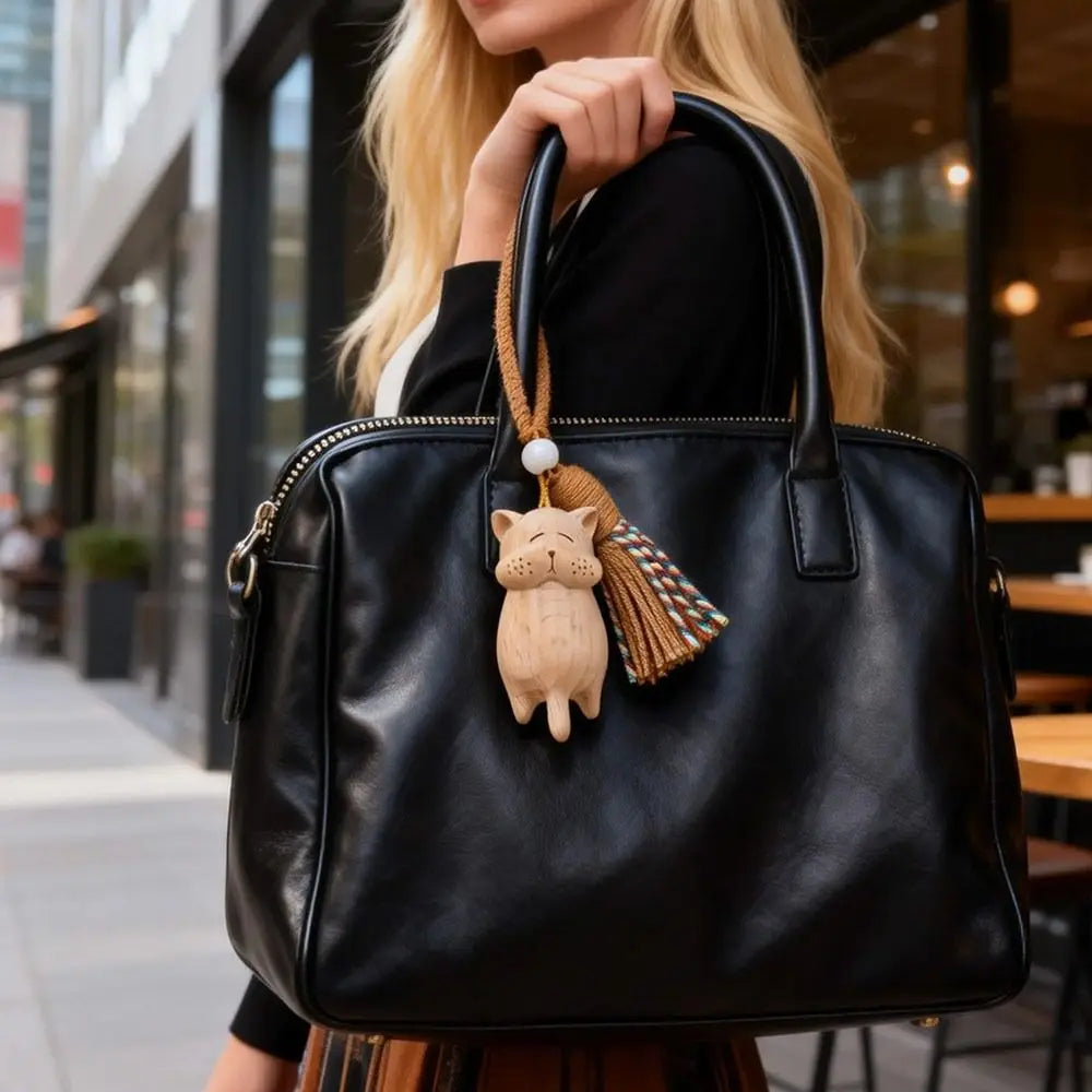 Cute Tassel Handcrafted Wooden Cat Pendant Wooden Material Money Catching Cat Cat Keychain Bags Decoration Bag Pendant