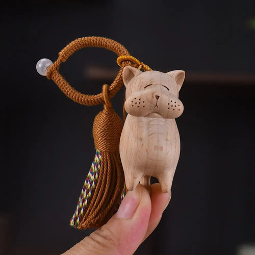 Cute Tassel Handcrafted Wooden Cat Pendant Wooden Material Money Catching Cat Cat Keychain Bags Decoration Bag Pendant