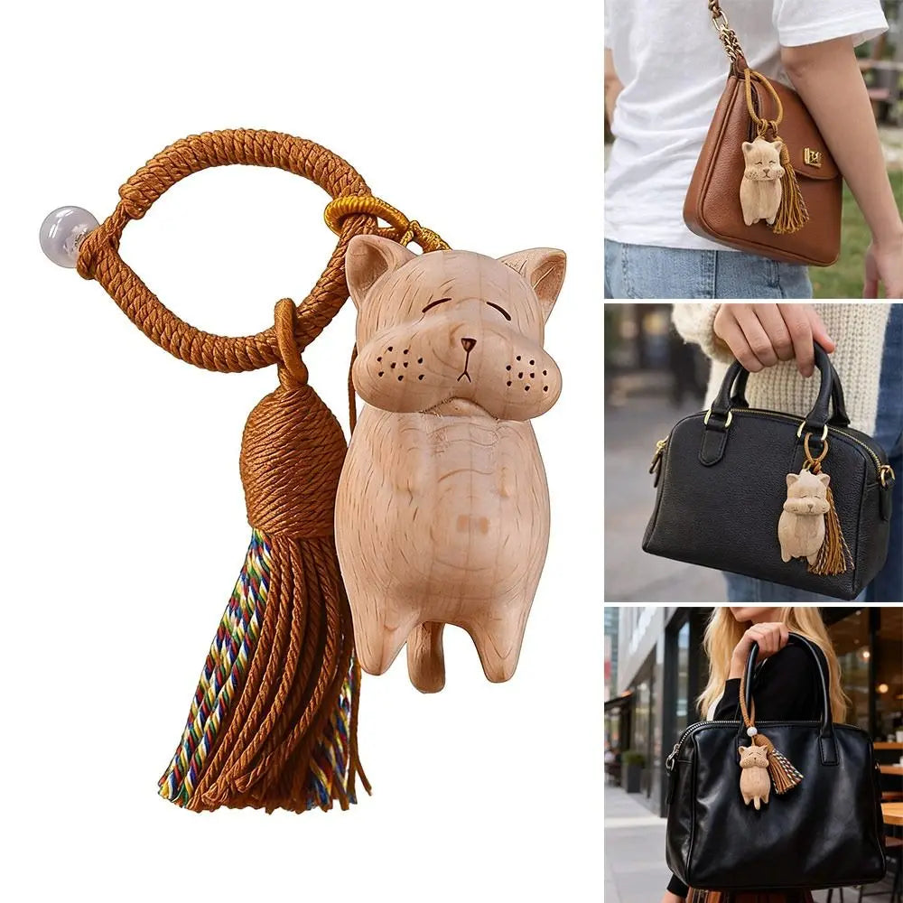 Cute Tassel Handcrafted Wooden Cat Pendant Wooden Material Money Catching Cat Cat Keychain Bags Decoration Bag Pendant